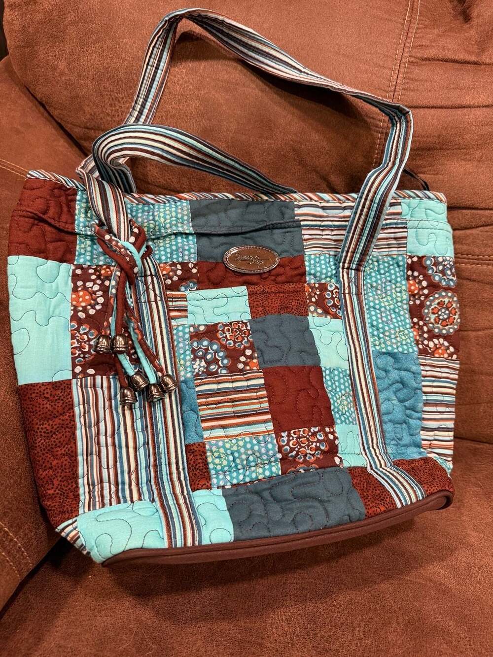 Donna Sharp Quilted Patchwork Tote Bag Blue Brown